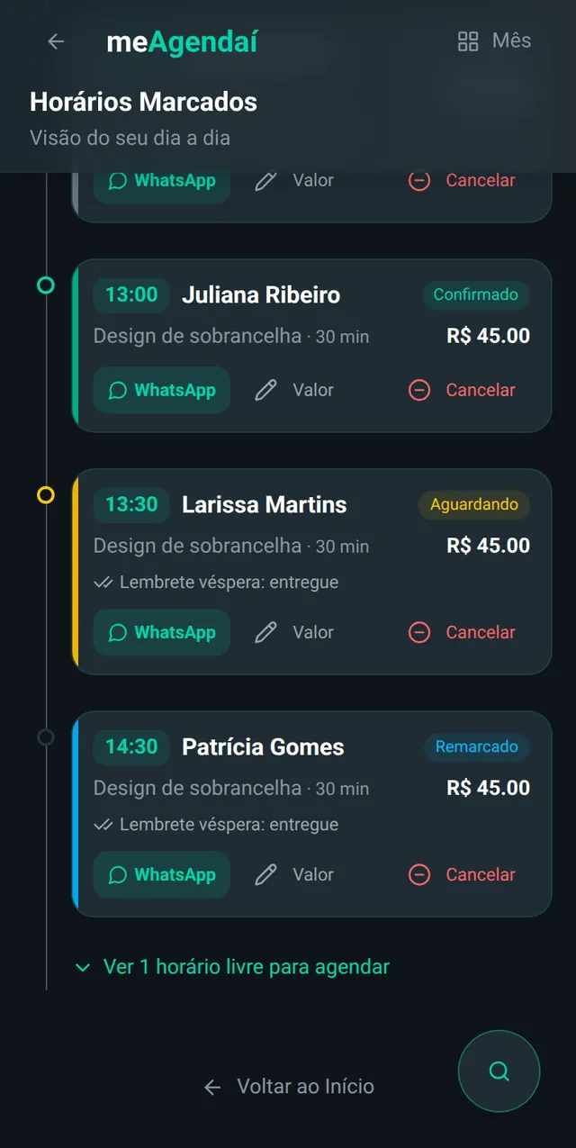 Agenda do dia no meAgendaí com oito clientes, barras coloridas de situação, selo de promoção, selo de prêmio fidelidade e o valor previsto no dia.
