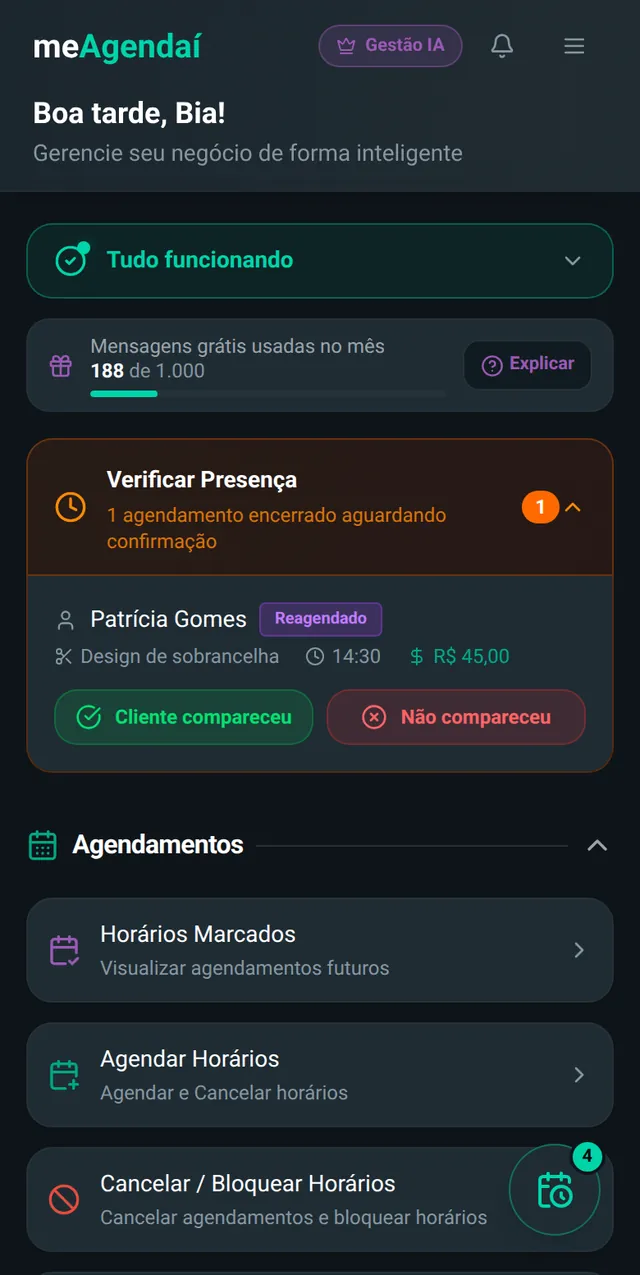 Cartão Verificar Presença na tela inicial com os atendimentos encerrados e os botões Cliente compareceu e Não compareceu.
