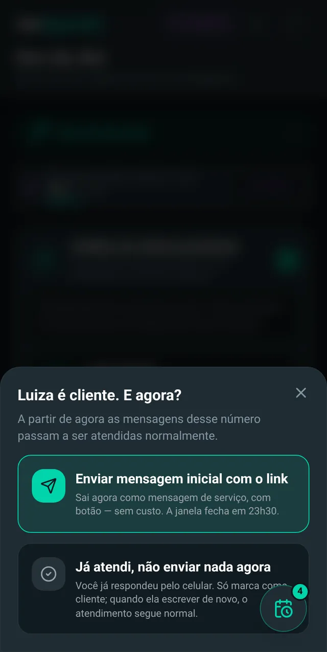 Cartão Análise de cliente pendente na tela inicial com nome, telefone e primeira mensagem de números novos e os botões Sim, é cliente e Não é cliente.