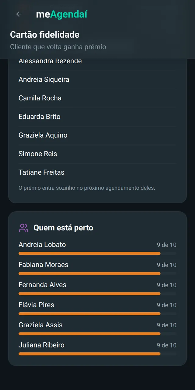 Cartão fidelidade no meAgendaí: quantos serviços valem o prêmio, qual é o prêmio, o cartão de selos que o cliente vê e as listas de quem vem buscar o prêmio e de quem está perto