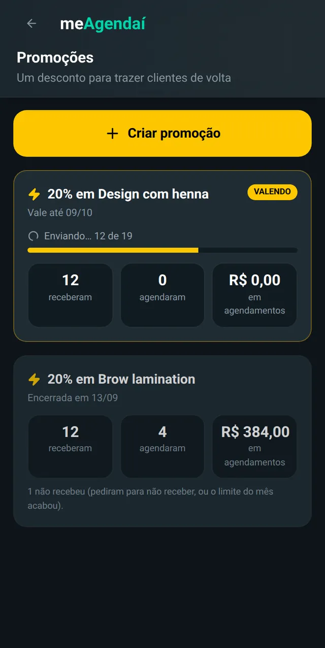 Criar promoção no meAgendaí: escolher serviço, desconto, validade e os clientes sumidos, ver o preço novo e o custo na Meta, confirmar e acompanhar o envio