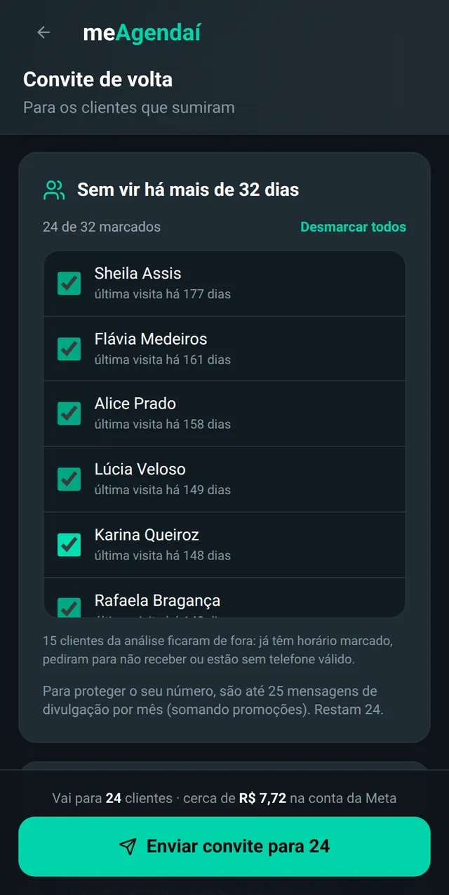 Saúde da base no meAgendaí: clientes ativos, esfriando, sumidos e que ainda não vieram, a lista de quem vale chamar de volta e o convite pronto para enviar pelo WhatsApp