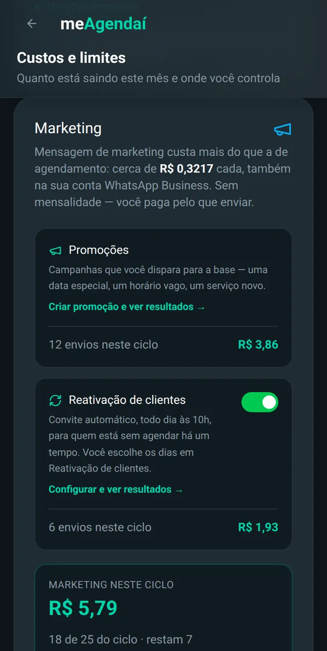 Custos e limites de outubro: total previsto de R$ 110,11 (R$ 99 de mensalidade e R$ 11,11 de mensagens na Meta), custo por agendamento, teto de gasto de R$ 30, relatório de mensagens e marketing.