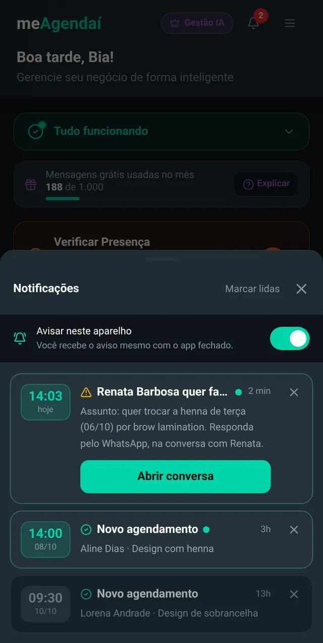 Sininho aberto na tela inicial com o aviso "Renata Barbosa quer falar com você", o assunto da conversa e o botão Abrir conversa, acima de dois avisos de novo agendamento.