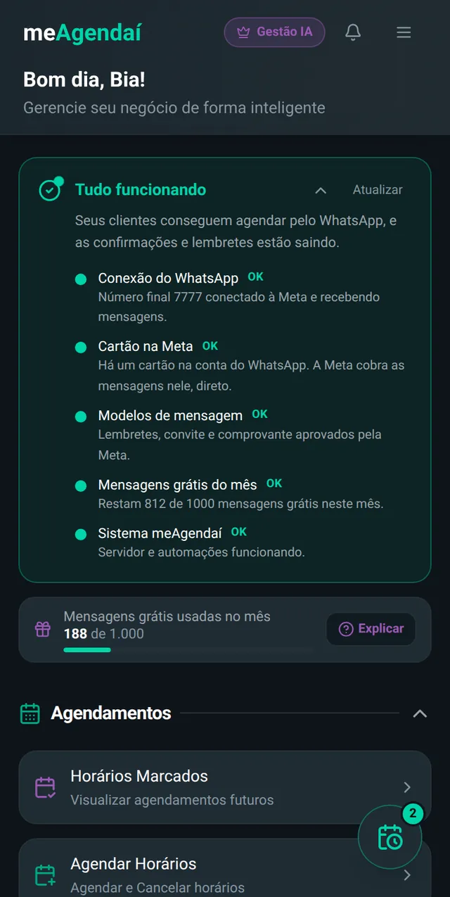 Card de saúde da conta Meta na tela inicial aberto em "Tudo funcionando", com cinco itens OK: conexão, cartão, modelos de mensagem, mensagens grátis e sistema.