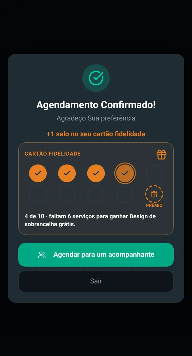 Página de agendamento pelo link: o cliente escolhe o sábado 3 de outubro no calendário, o serviço Design com henna, o horário 09:30, confere e confirma; aparece a confirmação com o cartão fidelidade.