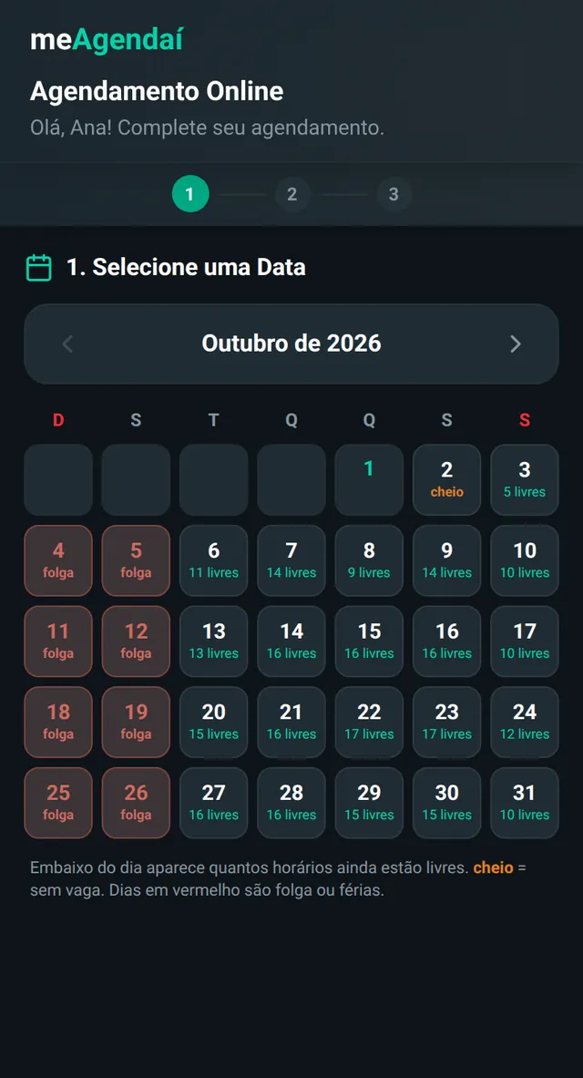 Página de agendamento pelo link: o cliente escolhe o sábado 3 de outubro no calendário, o serviço Design com henna, o horário 09:30, confere e confirma; aparece a confirmação com o cartão fidelidade.