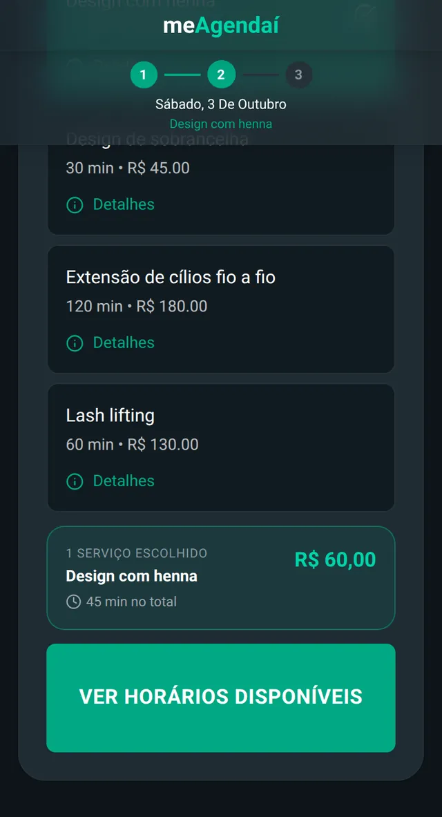Página de agendamento pelo link: o cliente escolhe o sábado 3 de outubro no calendário, o serviço Design com henna, o horário 09:30, confere e confirma; aparece a confirmação com o cartão fidelidade.