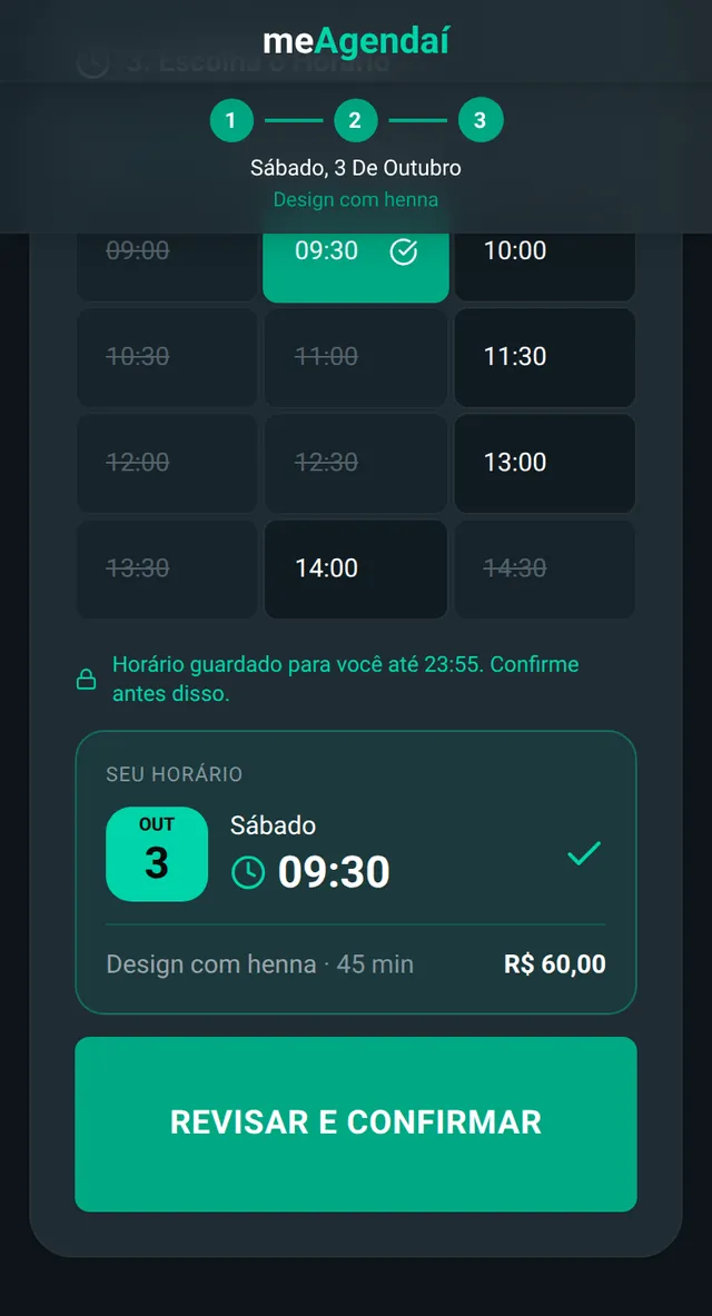 Página de agendamento pelo link: o cliente escolhe o sábado 3 de outubro no calendário, o serviço Design com henna, o horário 09:30, confere e confirma; aparece a confirmação com o cartão fidelidade.