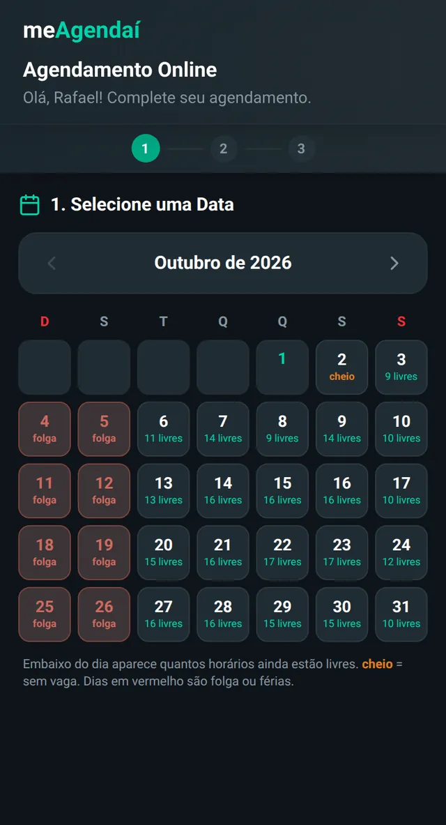 Página de agendamento de Barbearia Pedro: calendário, serviço Corte + Barba escolhido e a confirmação para Rafael Pereira no sábado 3 de outubro às 09:30.