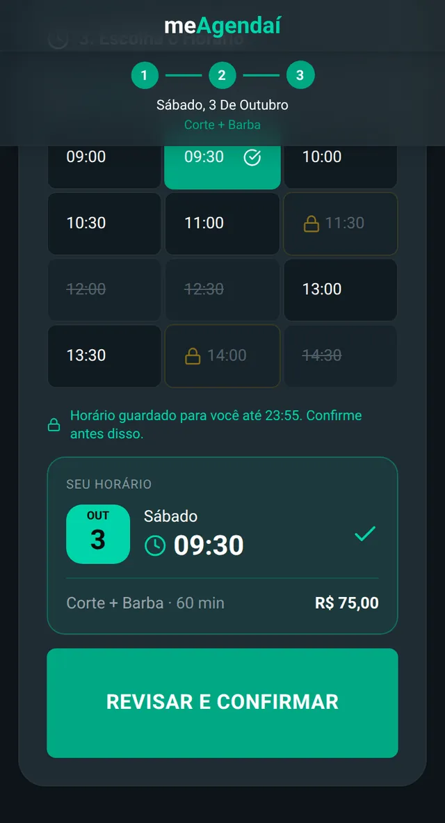 Página de agendamento de Barbearia Pedro: calendário, serviço Corte + Barba escolhido e a confirmação para Rafael Pereira no sábado 3 de outubro às 09:30.