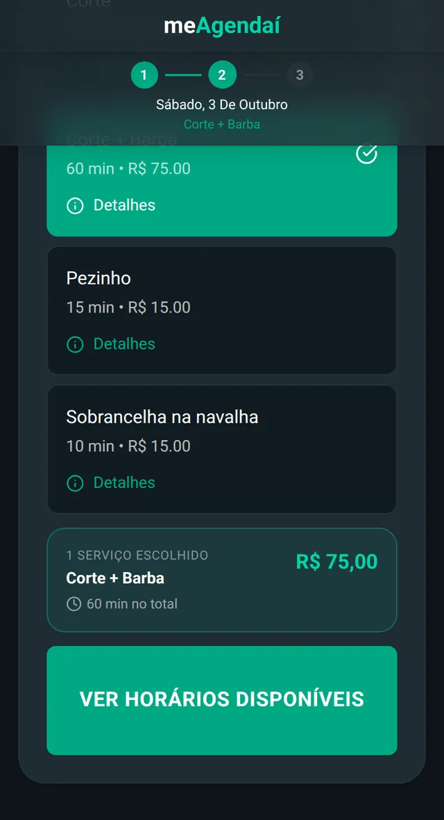 Página de agendamento de Barbearia Pedro: calendário, serviço Corte + Barba escolhido e a confirmação para Rafael Pereira no sábado 3 de outubro às 09:30.