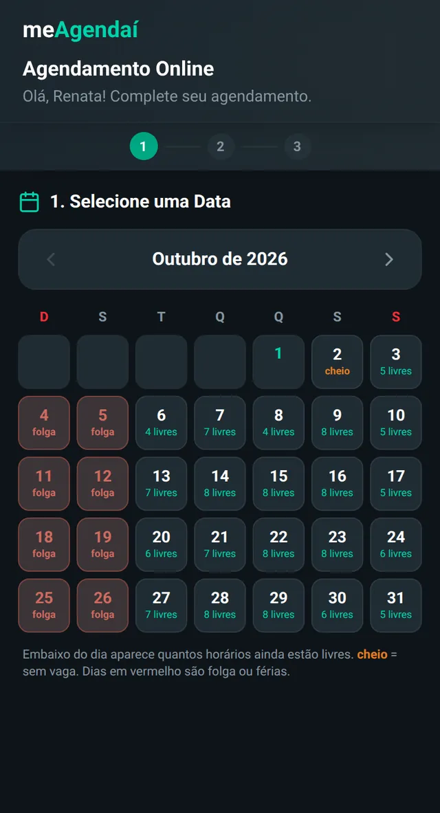 Página de agendamento de Fisio Movimento: calendário, serviço Sessão de fisioterapia escolhido e a confirmação para Renata Barbosa no sábado 3 de outubro às 10:00.