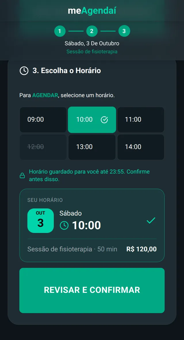Página de agendamento de Fisio Movimento: calendário, serviço Sessão de fisioterapia escolhido e a confirmação para Renata Barbosa no sábado 3 de outubro às 10:00.