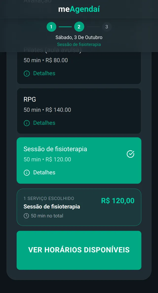 Página de agendamento de Fisio Movimento: calendário, serviço Sessão de fisioterapia escolhido e a confirmação para Renata Barbosa no sábado 3 de outubro às 10:00.