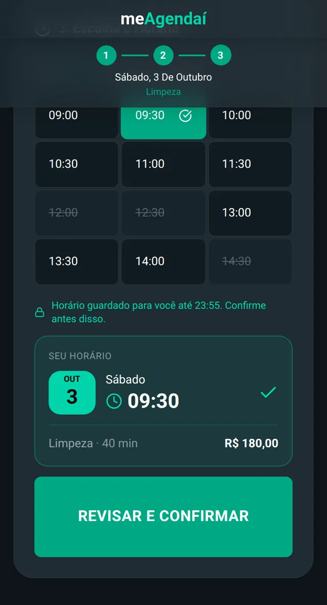 Página de agendamento de Consultório Dr. Paulo Mendes: calendário, serviço Limpeza escolhido e a confirmação para Lucas Monteiro no sábado 3 de outubro às 09:30.