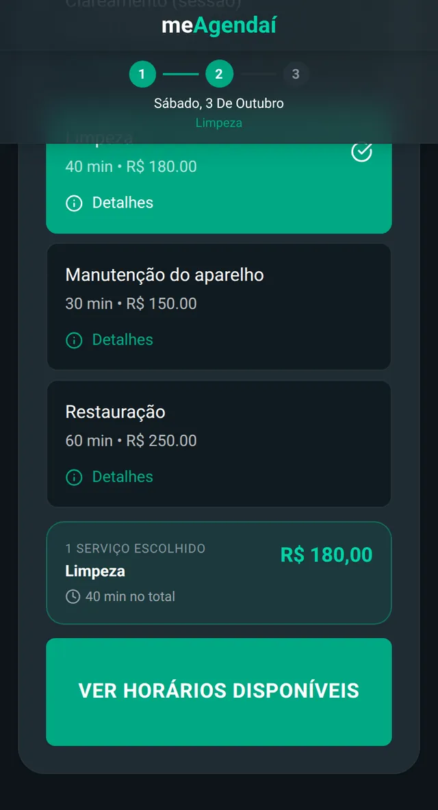 Página de agendamento de Consultório Dr. Paulo Mendes: calendário, serviço Limpeza escolhido e a confirmação para Lucas Monteiro no sábado 3 de outubro às 09:30.