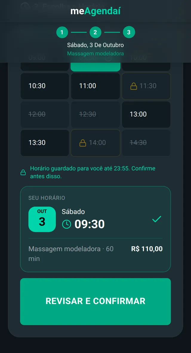 Página de agendamento de Espaço Renova: calendário, serviço Massagem modeladora escolhido e a confirmação para Pedro Henrique Silva no sábado 3 de outubro às 09:30.
