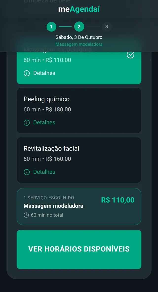 Página de agendamento de Espaço Renova: calendário, serviço Massagem modeladora escolhido e a confirmação para Pedro Henrique Silva no sábado 3 de outubro às 09:30.