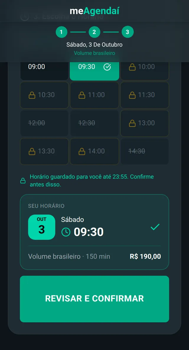 Página de agendamento de Lash da Ju: calendário, serviço Volume brasileiro escolhido e a confirmação para Maria Eduarda Lima no sábado 3 de outubro às 09:30.