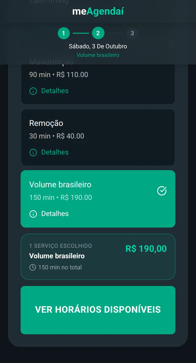 Página de agendamento de Lash da Ju: calendário, serviço Volume brasileiro escolhido e a confirmação para Maria Eduarda Lima no sábado 3 de outubro às 09:30.