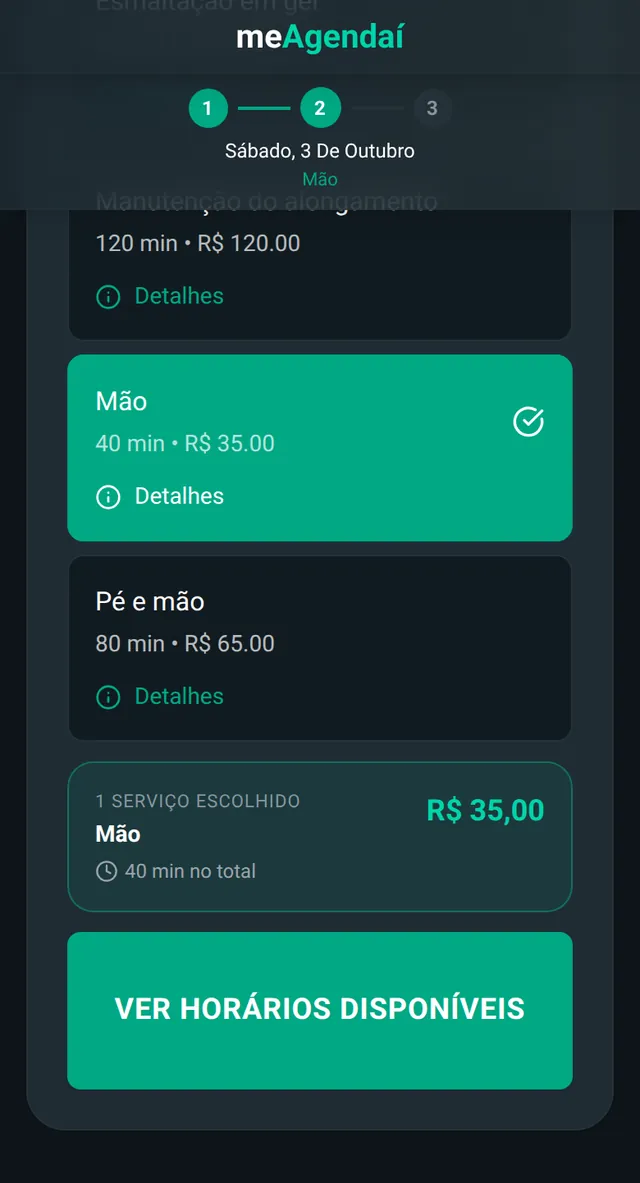 Página de agendamento de Esmalteria Carla: calendário, serviço Mão escolhido e a confirmação para Bia Fernandes no sábado 3 de outubro às 09:30.