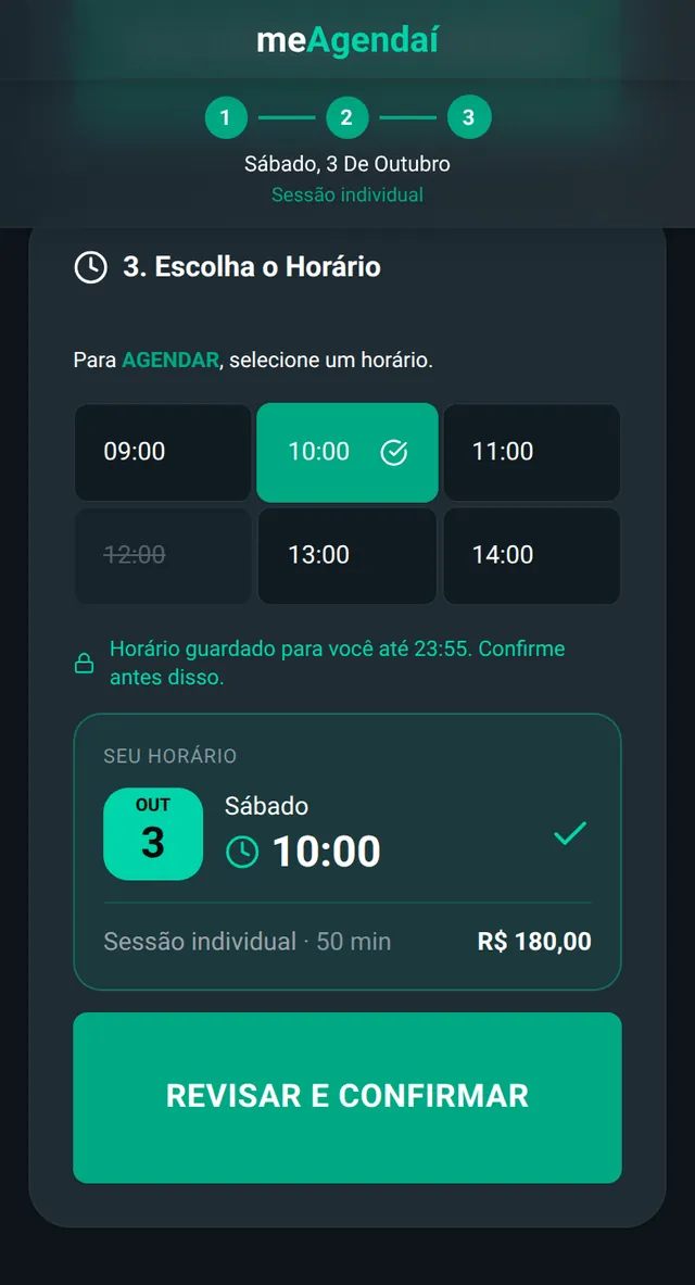 Página de agendamento de Psicóloga Marina Alves: calendário, serviço Sessão individual escolhido e a confirmação para Camila Rocha no sábado 3 de outubro às 10:00.