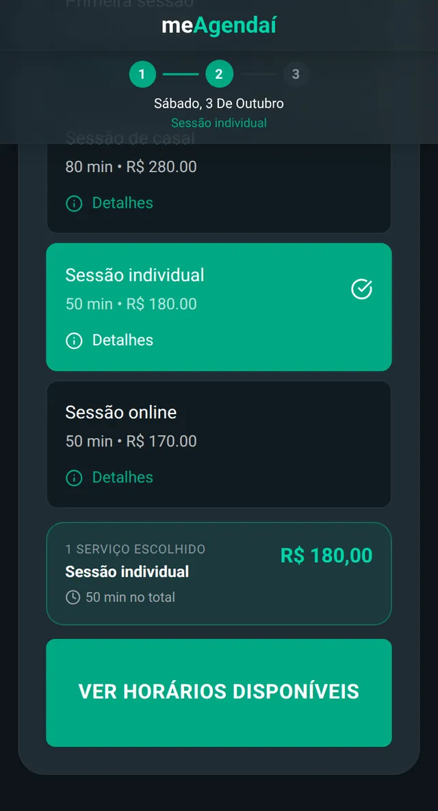 Página de agendamento de Psicóloga Marina Alves: calendário, serviço Sessão individual escolhido e a confirmação para Camila Rocha no sábado 3 de outubro às 10:00.