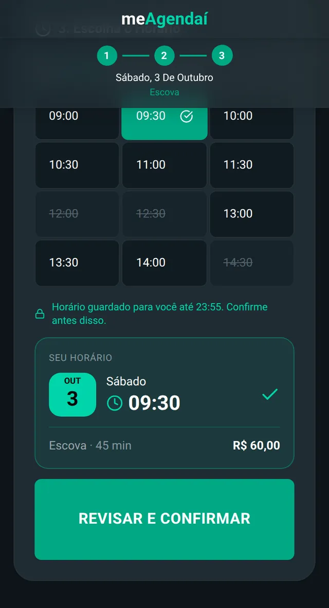 Página de agendamento de Salão Bela Flor: calendário, serviço Escova escolhido e a confirmação para Carla Mendes no sábado 3 de outubro às 09:30.