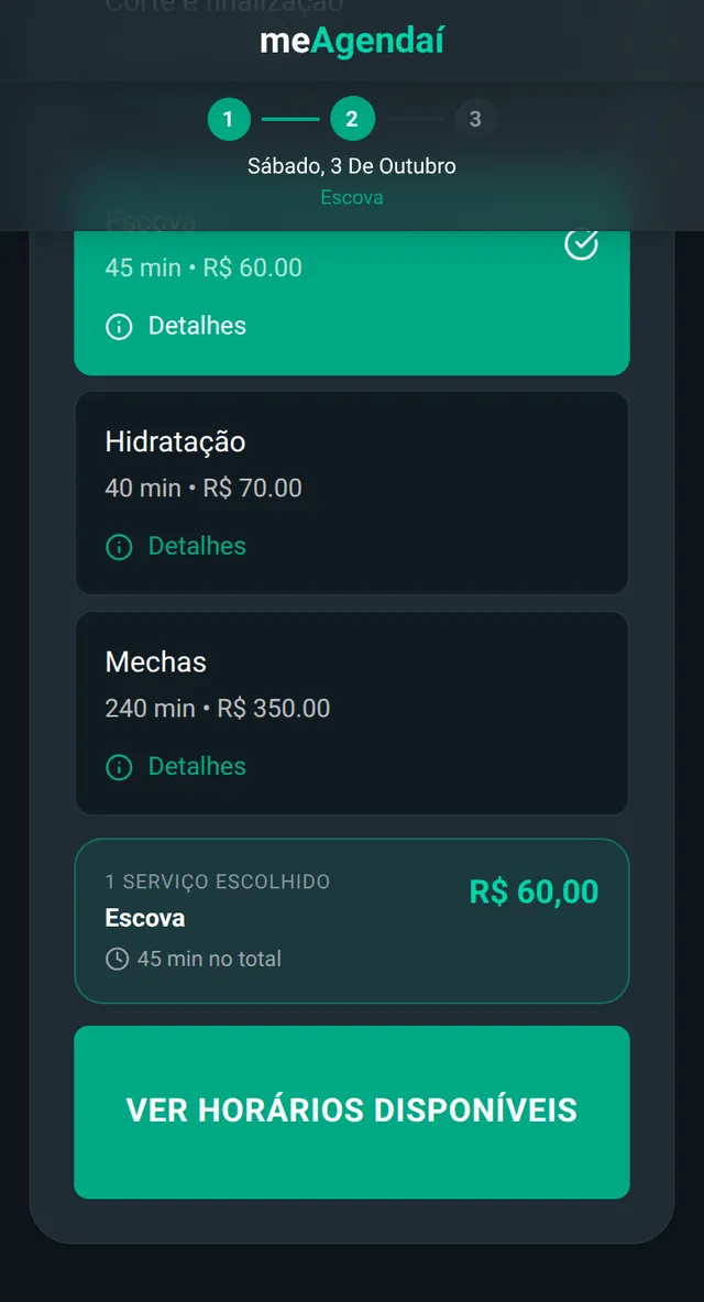 Página de agendamento de Salão Bela Flor: calendário, serviço Escova escolhido e a confirmação para Carla Mendes no sábado 3 de outubro às 09:30.