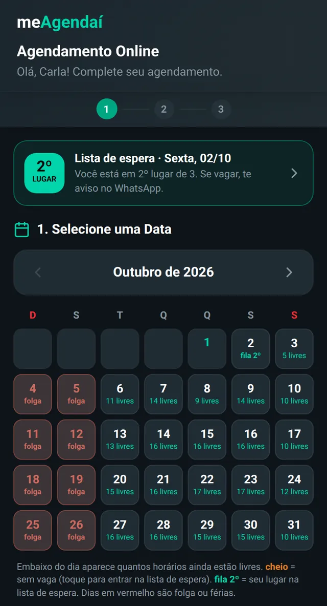 Página de agendamento: a sexta está cheia; o cliente toca no dia, escolhe o serviço e entra na lista de espera em 2º lugar.